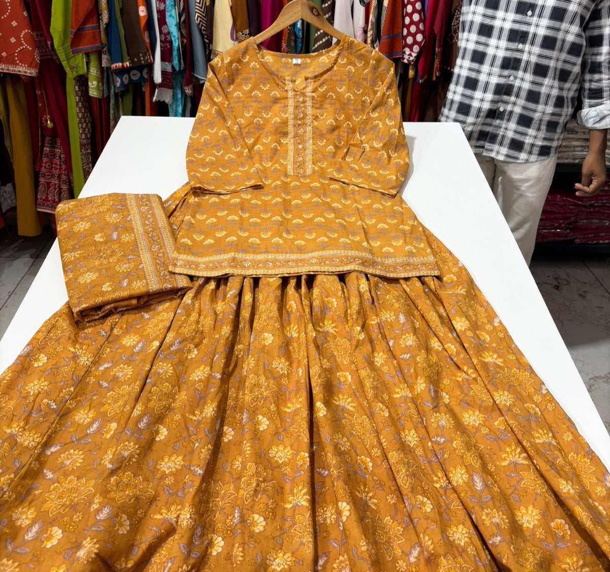 Gopi Style Cotton Kurti Skirt Set with Printed Dupatta