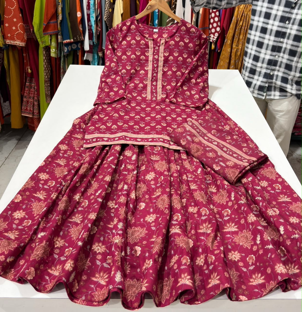 Gopi Style Cotton Kurti Skirt Set with Printed Dupatta