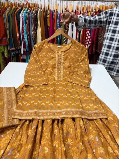 Gopi Style Cotton Kurti Skirt Set with Printed Dupatta