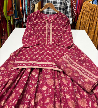 Gopi Style Cotton Kurti Skirt Set with Printed Dupatta