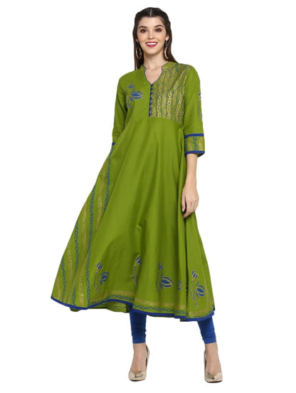 Green Anarkali Kurta with Blue & Gold Detailing – 48” Length