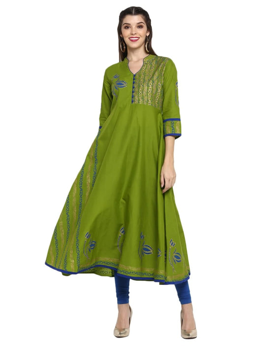 Green Anarkali Kurta with Blue & Gold Detailing – 48” Length