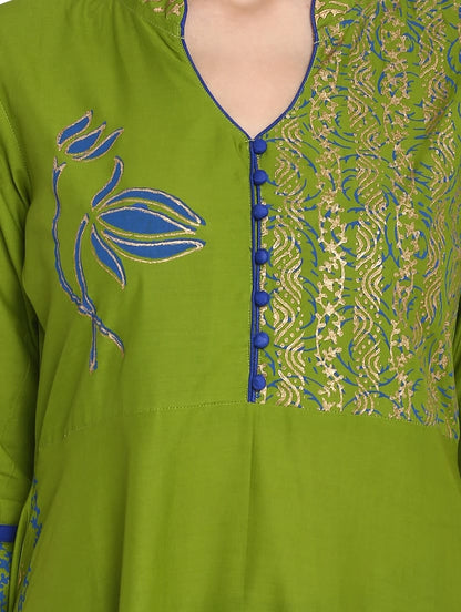 Green Anarkali Kurta with Blue & Gold Detailing – 48” Length