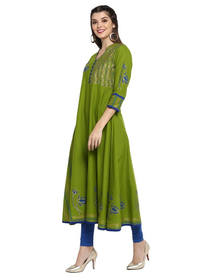 Green Anarkali Kurta with Blue & Gold Detailing – 48” Length