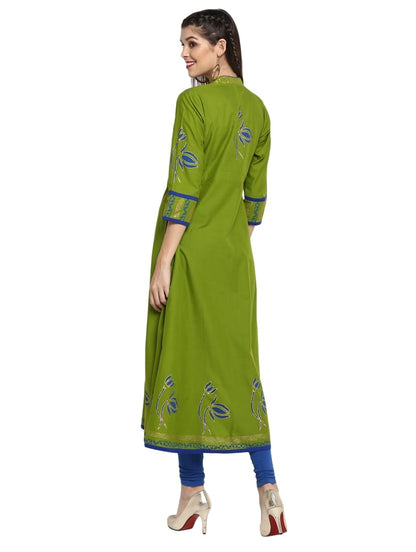 Green Anarkali Kurta with Blue & Gold Detailing – 48” Length