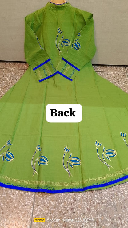 Green Anarkali Kurta with Blue & Gold Detailing – 48” Length