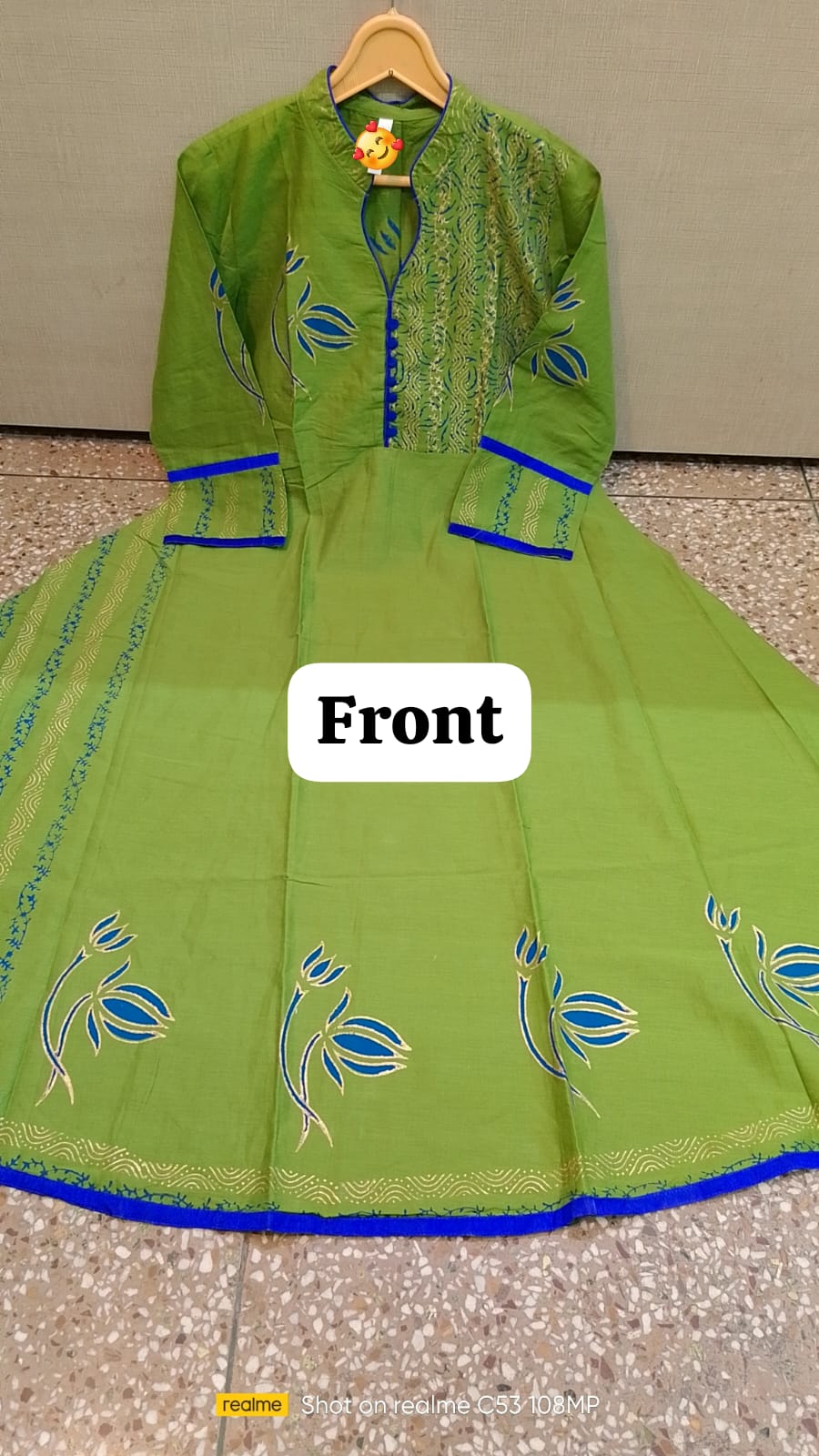 Green Anarkali Kurta with Blue & Gold Detailing – 48” Length