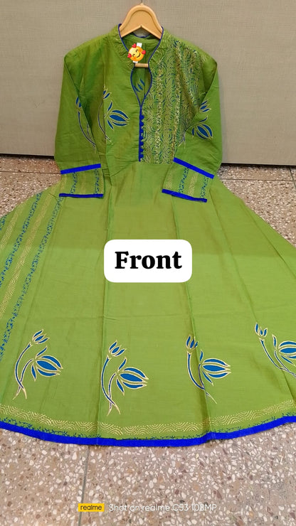 Green Anarkali Kurta with Blue & Gold Detailing – 48” Length