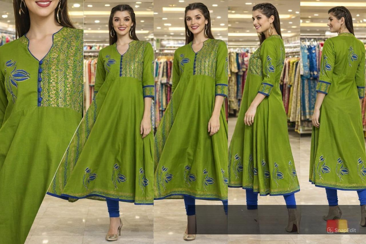 Green Anarkali Kurta with Blue & Gold Detailing – 48” Length