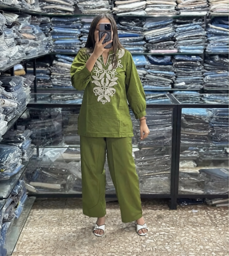 Green Cotton Embroidered Co-Ord Set for Women