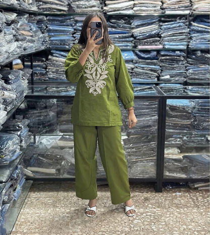 Green Cotton Embroidered Co-Ord Set for Women