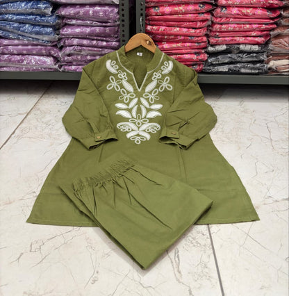 Green Cotton Embroidered Co-Ord Set for Women