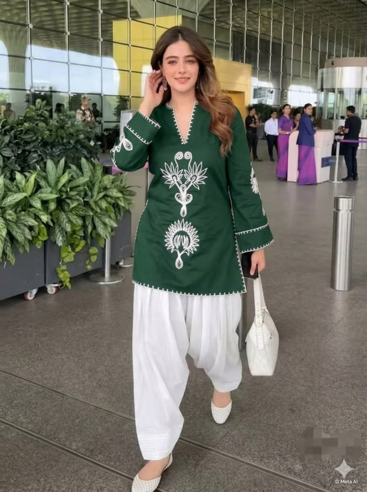 Green Cotton Farshi Salwar Suit Set with Embroidered Kurta
