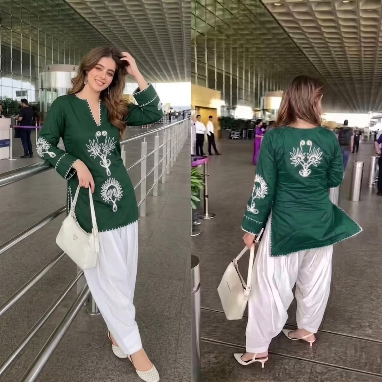 Green Cotton Farshi Salwar Suit Set with Embroidered Kurta