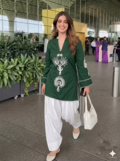 Green Cotton Farshi Salwar Suit Set with Embroidered Kurta
