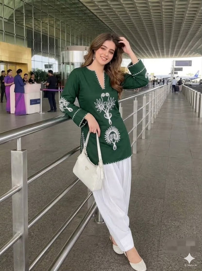 Green Cotton Farshi Salwar Suit Set with Embroidered Kurta