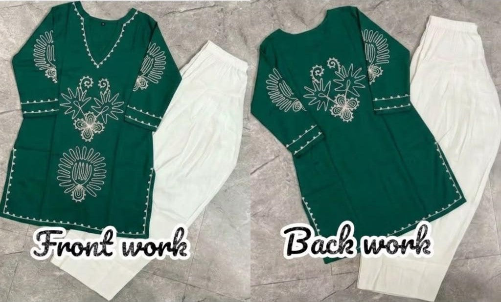 Green Cotton Farshi Salwar Suit Set with Embroidered Kurta