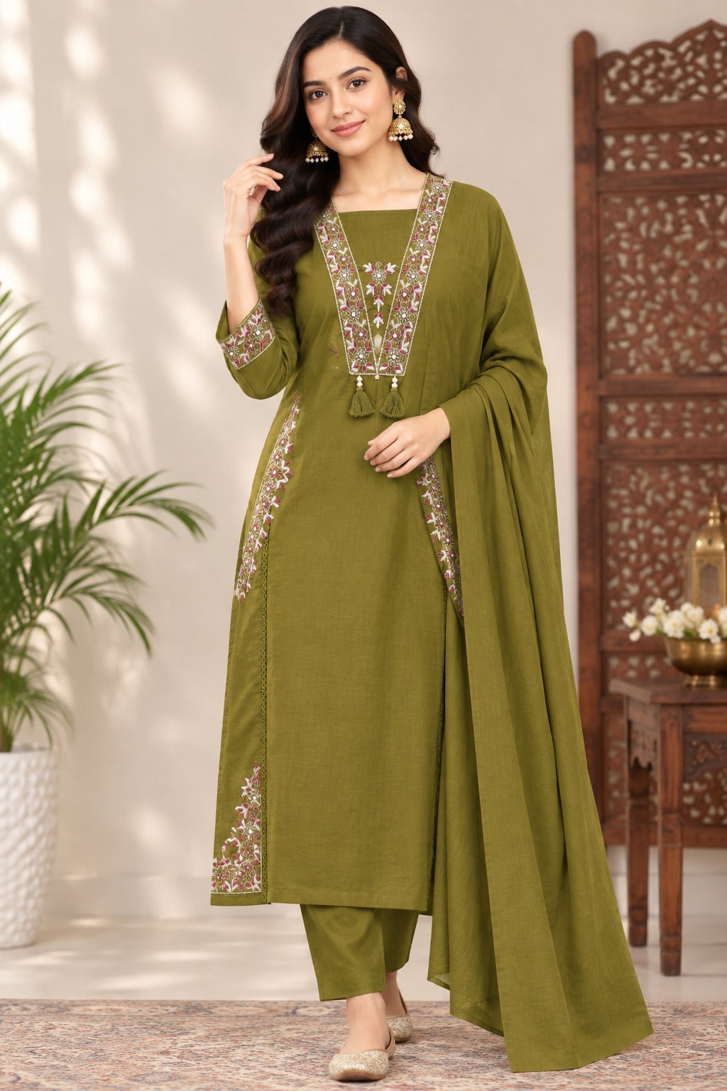 Green Cotton Suit Set with Silver Zari Thread Work & Mulmul Dupatta