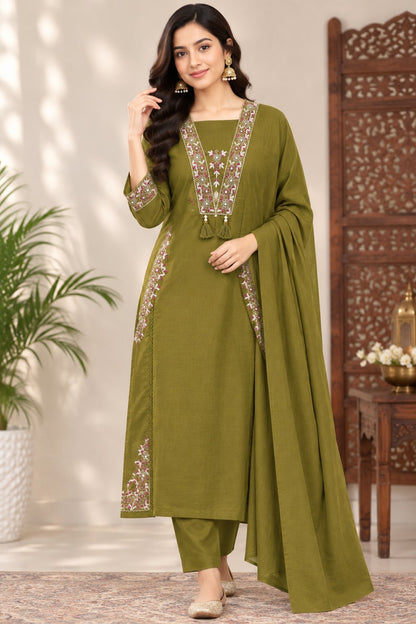 Green Cotton Suit Set with Silver Zari Thread Work & Mulmul Dupatta