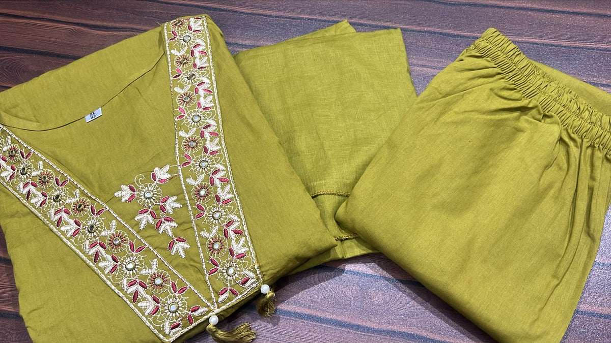 Green Cotton Suit Set with Silver Zari Thread Work & Mulmul Dupatta