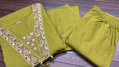 Green Cotton Suit Set with Silver Zari Thread Work & Mulmul Dupatta