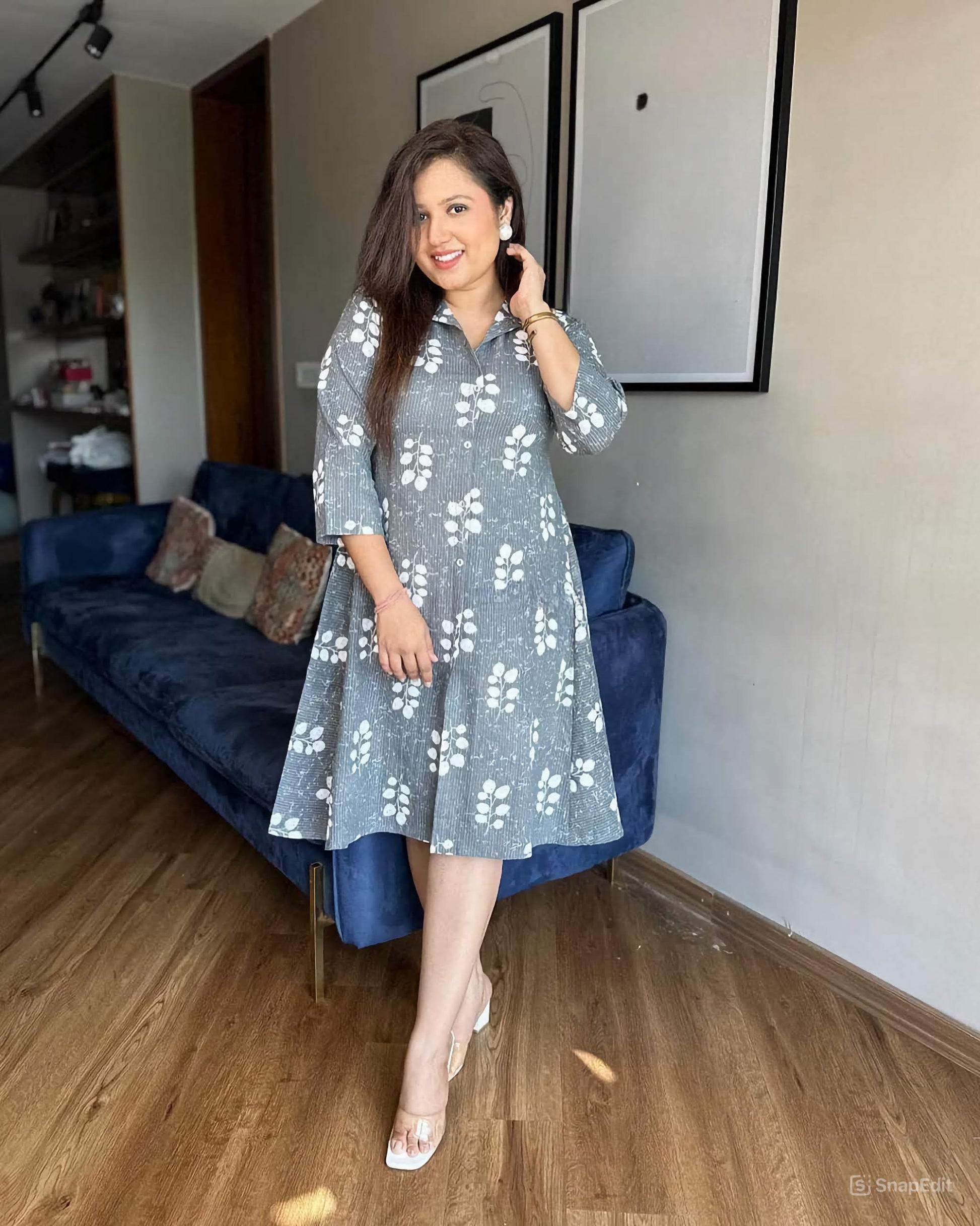 Grey Kantha Cotton A-Line Kurti Dress with 3/4 Sleeves Sukriti Store Grey Kantha Cotton A-Line Kurti Dress with 3/4 Sleeves Sukriti Store