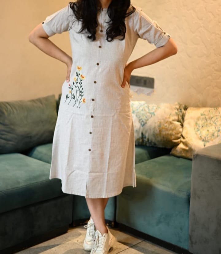 Handloom Cotton Embroidered Front Button Kurti with Pocket