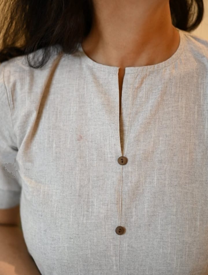 Handloom Cotton Embroidered Front Button Kurti with Pocket