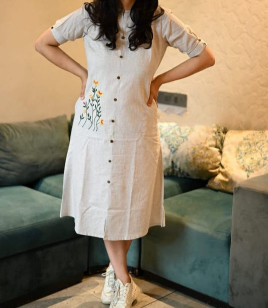 Handloom Cotton Embroidered Kurti with Pocket & Front Buttons