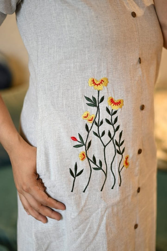 Handloom Cotton Embroidered Kurti with Pocket & Front Buttons