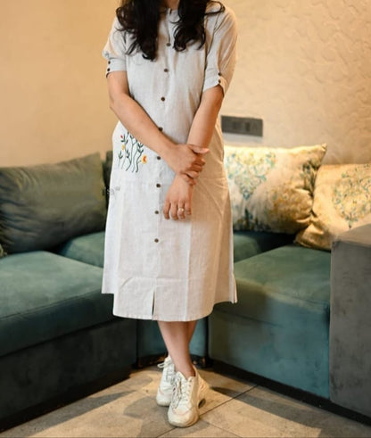 Handloom Cotton Embroidered Kurti with Pocket & Front Buttons