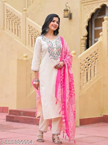 Handloom Cotton Embroidery Suit Set with Silk Dupatta & Pant