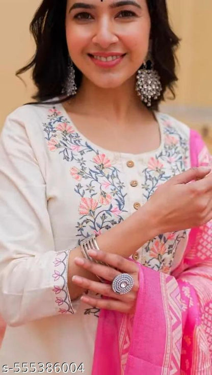 Handloom Cotton Embroidery Suit Set with Silk Dupatta & Pant