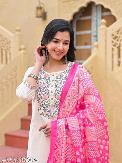 Handloom Cotton Embroidery Suit Set with Silk Dupatta & Pant
