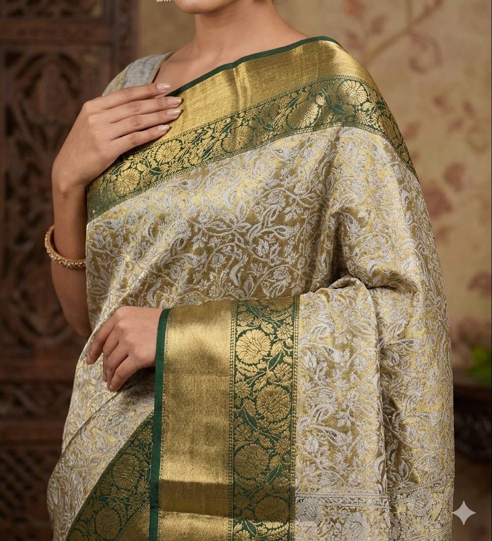 Handloom Kanjivaram Silk Saree with Mina Weaving, Contrast Border & Gold Zari Pallu