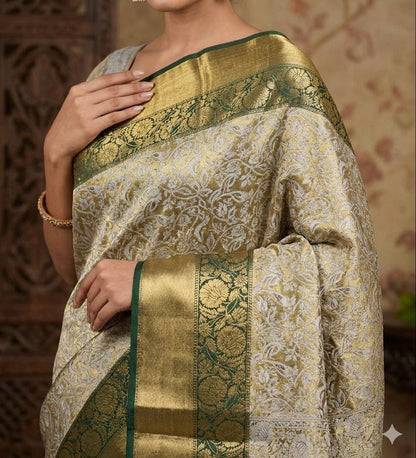 Handloom Kanjivaram Silk Saree with Mina Weaving, Contrast Border & Gold Zari Pallu
