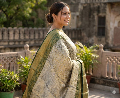 Handloom Kanjivaram Silk Saree with Mina Weaving, Contrast Border & Gold Zari Pallu