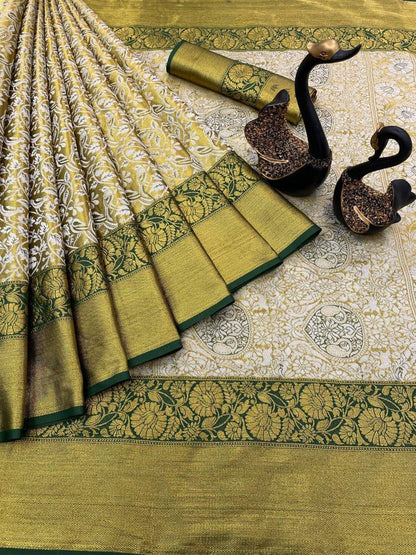 Handloom Kanjivaram Silk Saree with Mina Weaving, Contrast Border & Gold Zari Pallu
