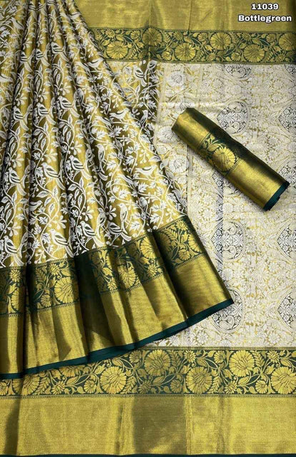 Handloom Kanjivaram Silk Saree with Mina Weaving, Contrast Border & Gold Zari Pallu