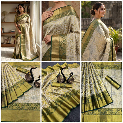 Handloom Kanjivaram Silk Saree with Mina Weaving, Contrast Border & Gold Zari Pallu