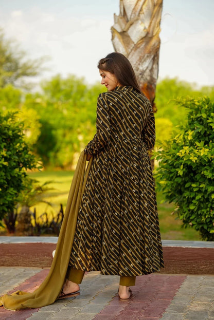 Khaki Angrakha Anarkali Suit with Pant and Dupatta in Washable Cotton Fabric