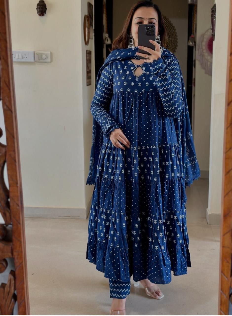 Indigo Blue Cotton Flared Anarkali Set with Dupatta & Pant