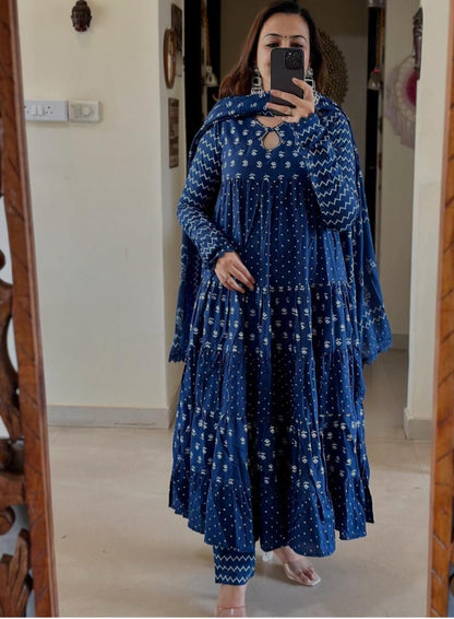 Indigo Blue Cotton Flared Anarkali Set with Dupatta & Pant