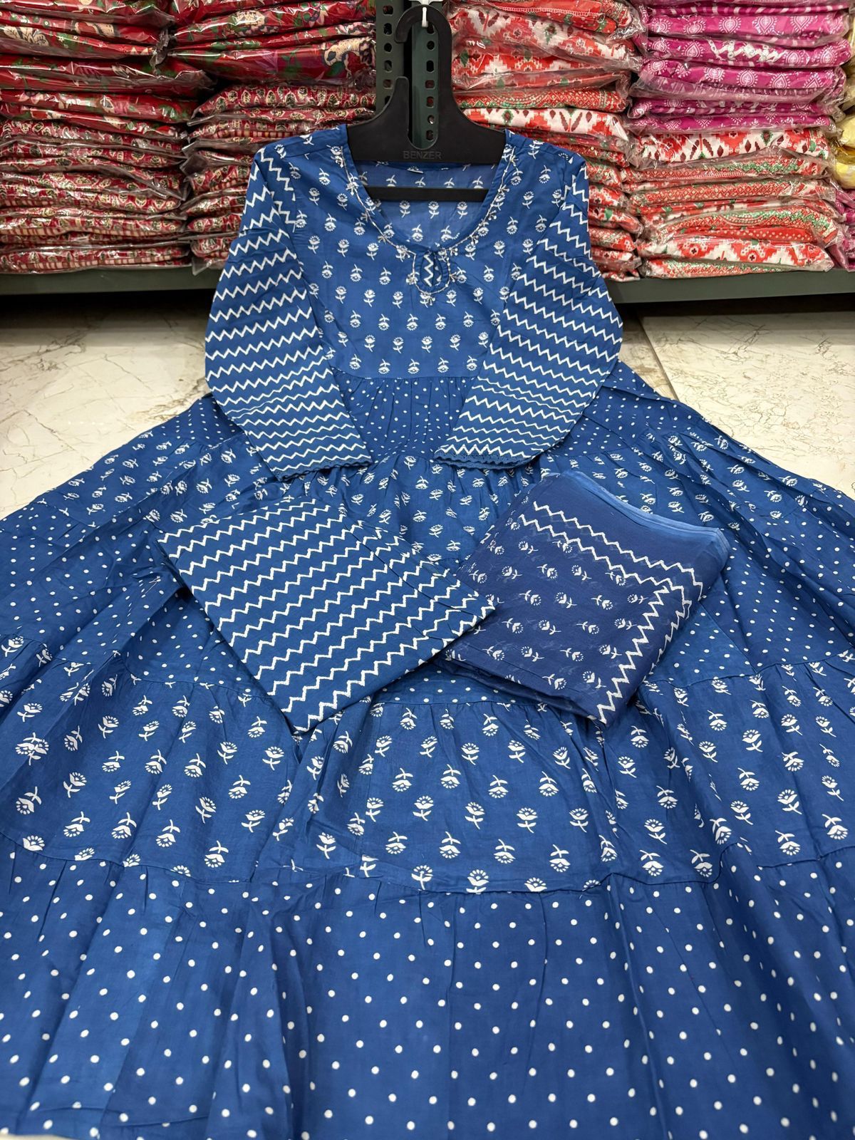 Indigo Blue Cotton Flared Anarkali Set with Dupatta & Pant