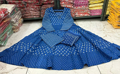 Indigo Blue Cotton Flared Anarkali Set with Dupatta & Pant