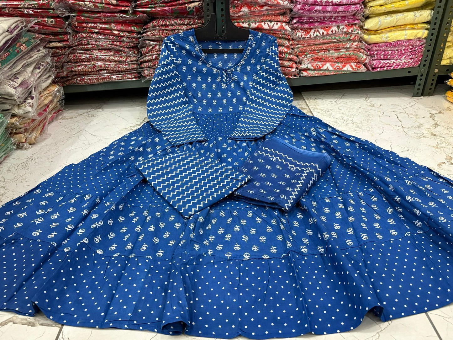 Indigo Blue Cotton Flared Anarkali Set with Dupatta & Pant