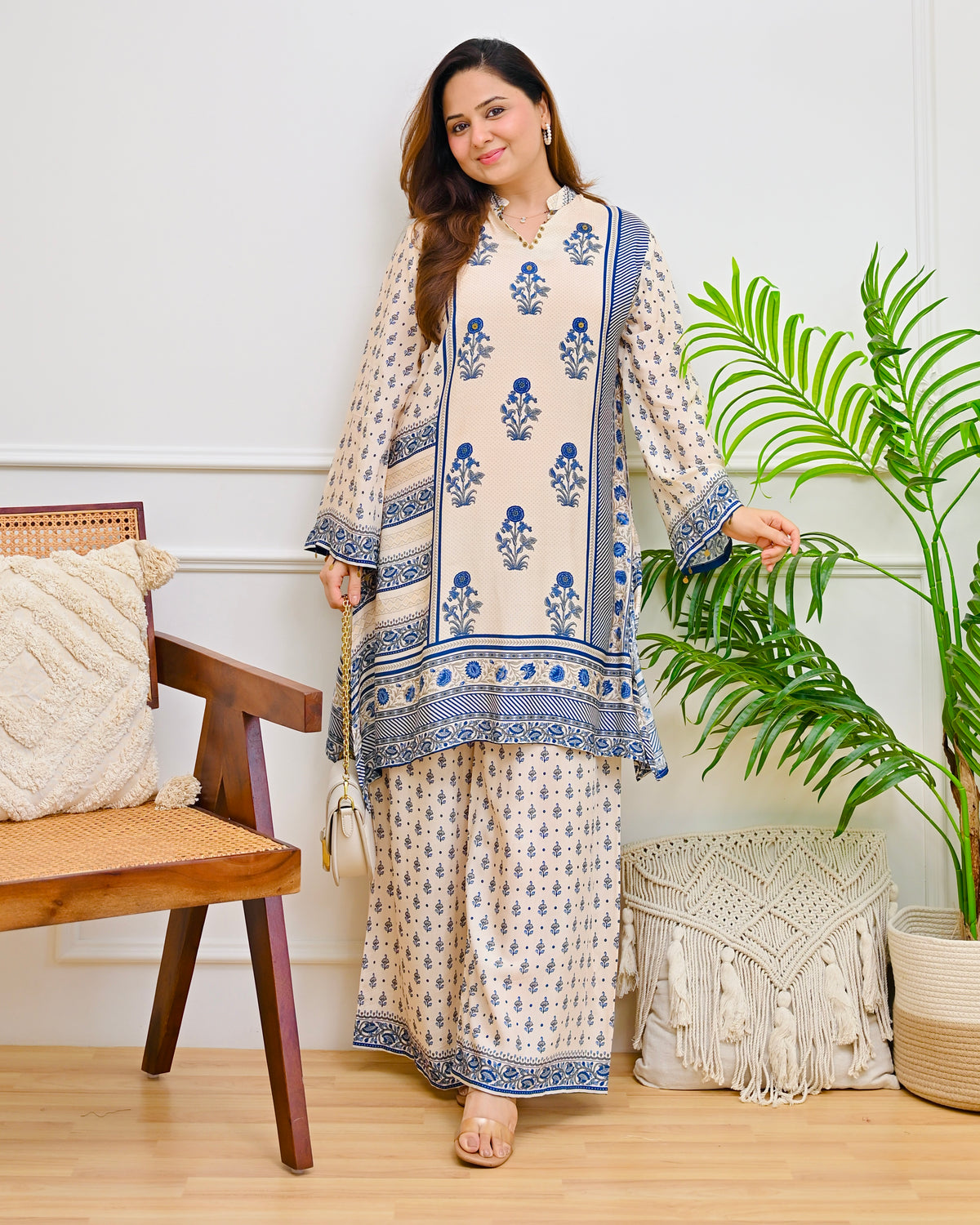 Ivory Blue Crepe Co-ord Set with Inner & Mughal Floral Buta Print