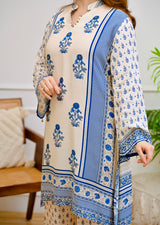 Ivory Blue Crepe Co-ord Set with Inner & Mughal Floral Buta Print