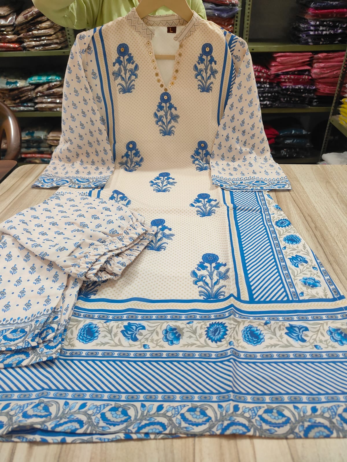 Ivory Blue Crepe Co-ord Set with Inner & Mughal Floral Buta Print