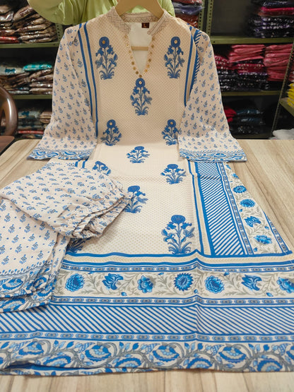 Ivory Blue Crepe Co-ord Set with Inner & Mughal Floral Buta Print